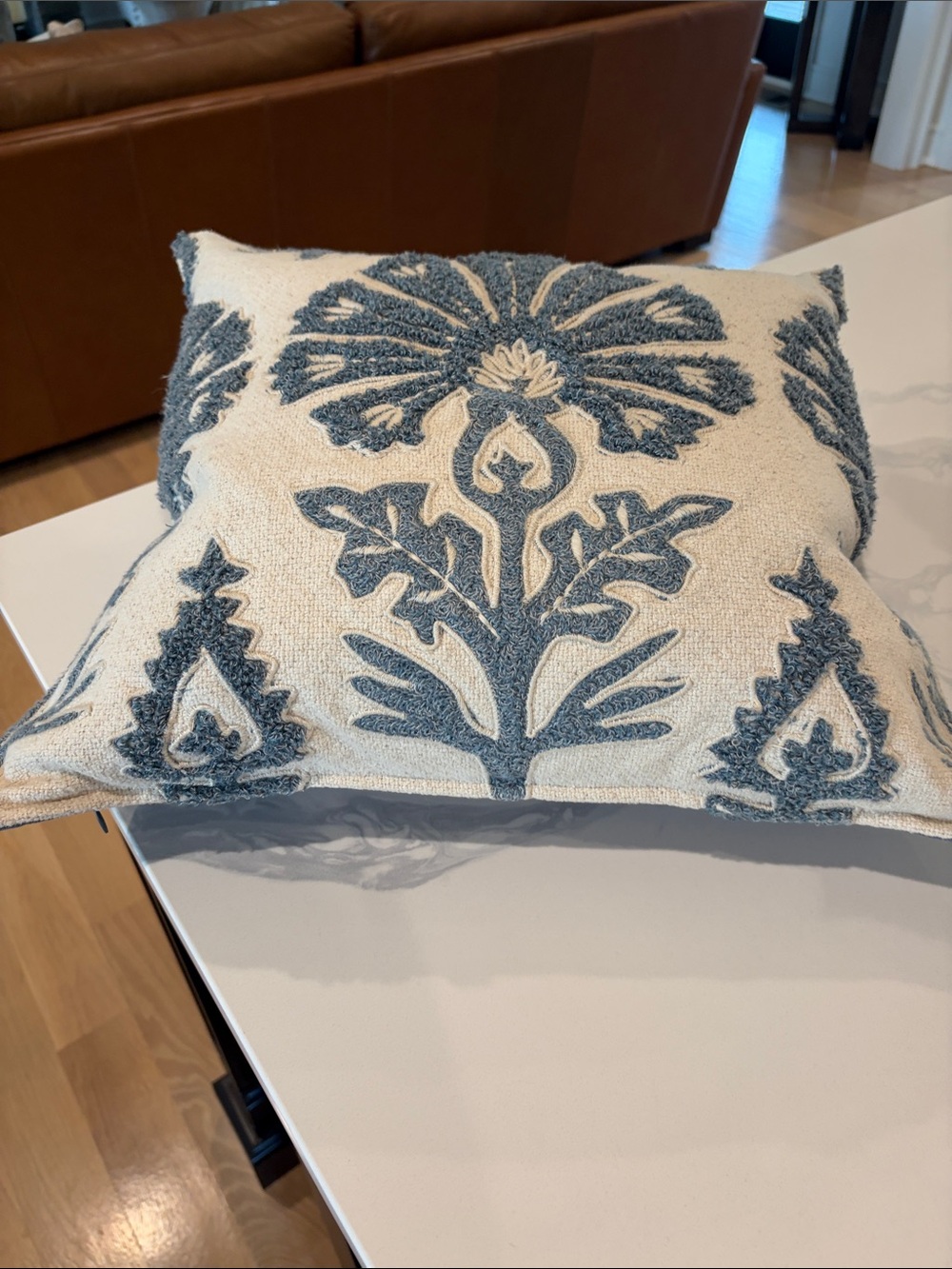 Pottery Barn Blue and Cream Textured Floral Accent Pillow